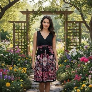 Sandra Darren Black and Pink Paisley Midi Dress